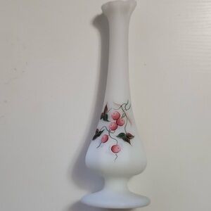 Fenton White Vase with Pink and Green Floral Design Vintage Gorgeous
